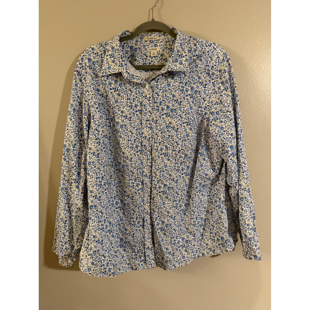 LL Bean Wrinkle Free Floral Button Down Shirt Blue White 100% Cotton 1X 300025